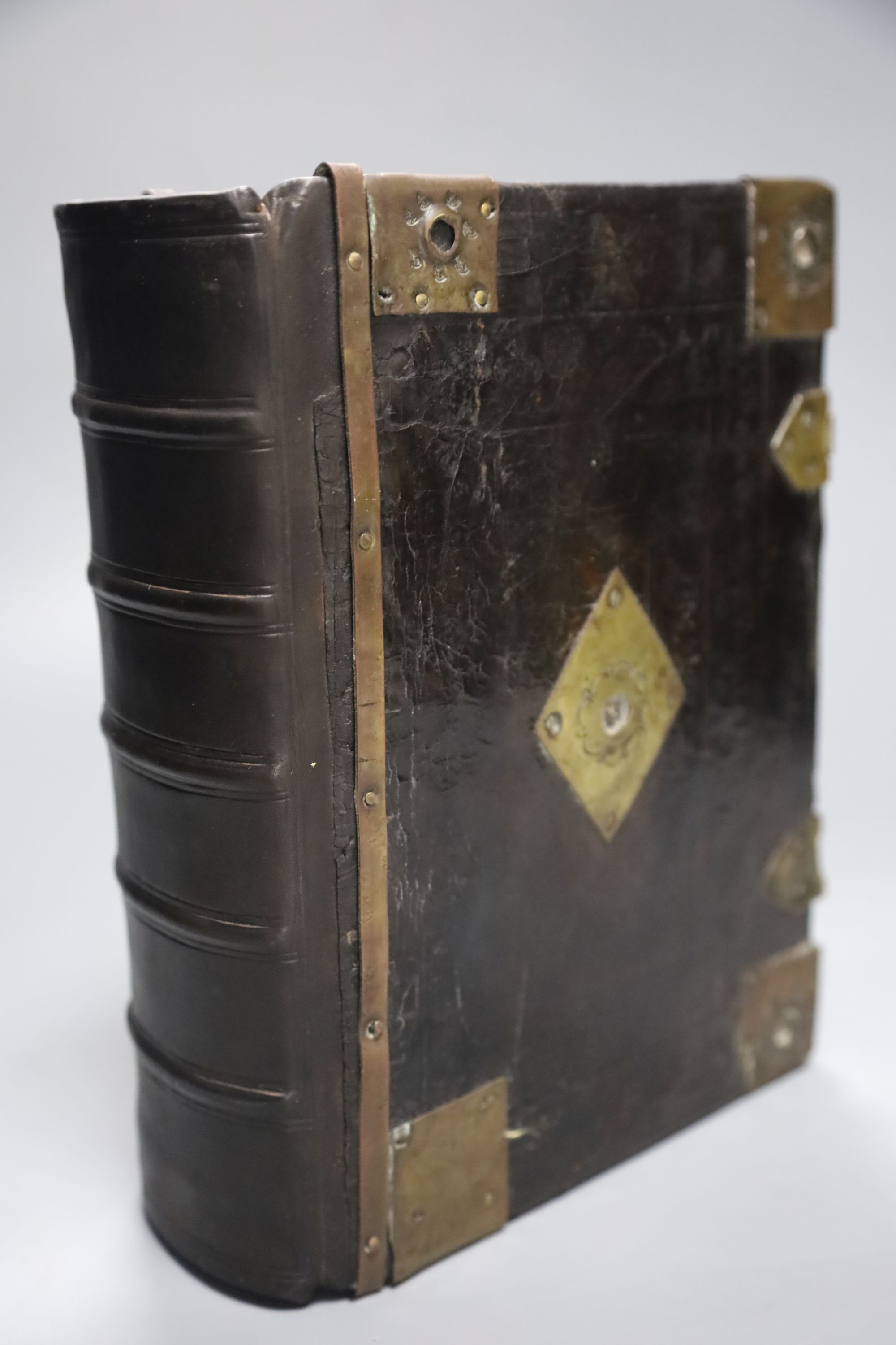 Bible in English [Bible], qto, contemporary brass mounted calf rebacked, with general title laid down, with Genealogies but lacking map